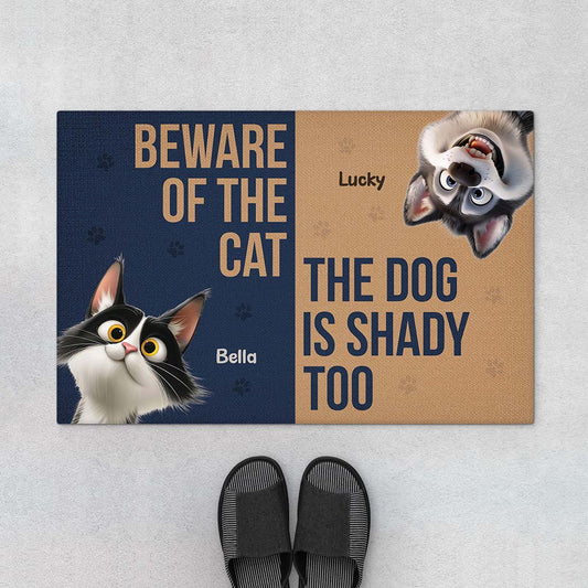 6354DUS1 custom pet doormats beware of the cat_ the dog is shady too 6354D