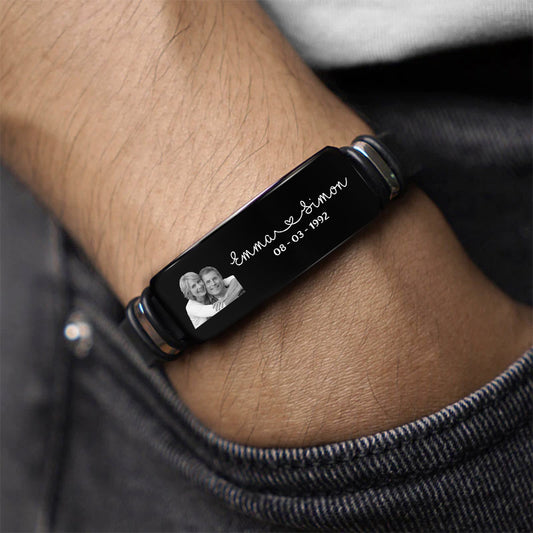 8552JUK2 personalised photo bracelet with names and date for couples 8552jnp5g