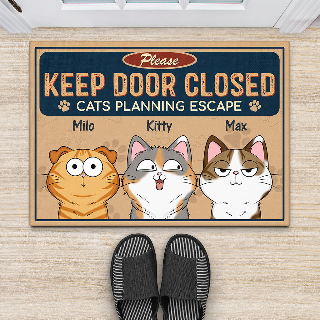 Personalised Keep The Door Closed Cats Door Mat