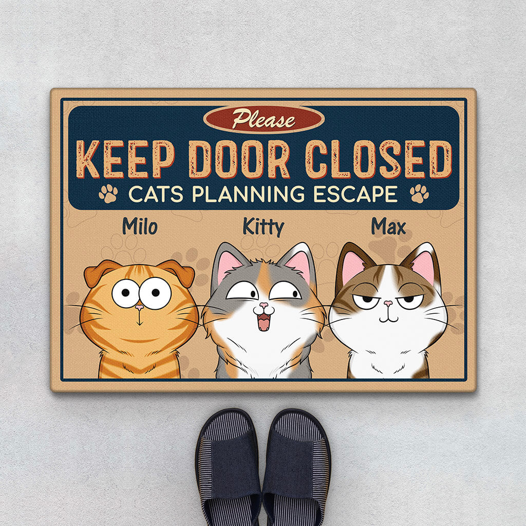 Personalised Keep The Door Closed Cats Door Mat