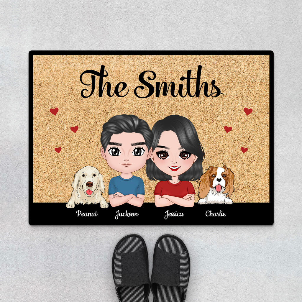 Doll Couple And Dogs - Personalised Gifts | Door mats for Dog Lovers