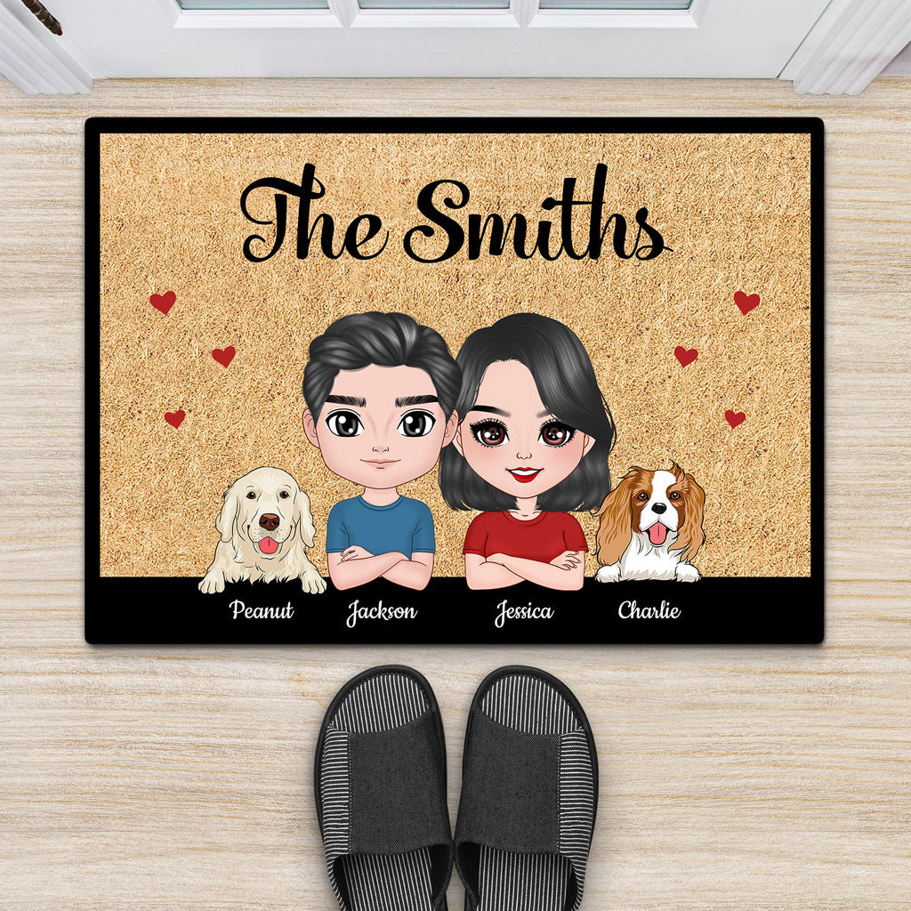 Doll Couple And Dogs - Personalised Gifts | Door mats for Dog Lovers