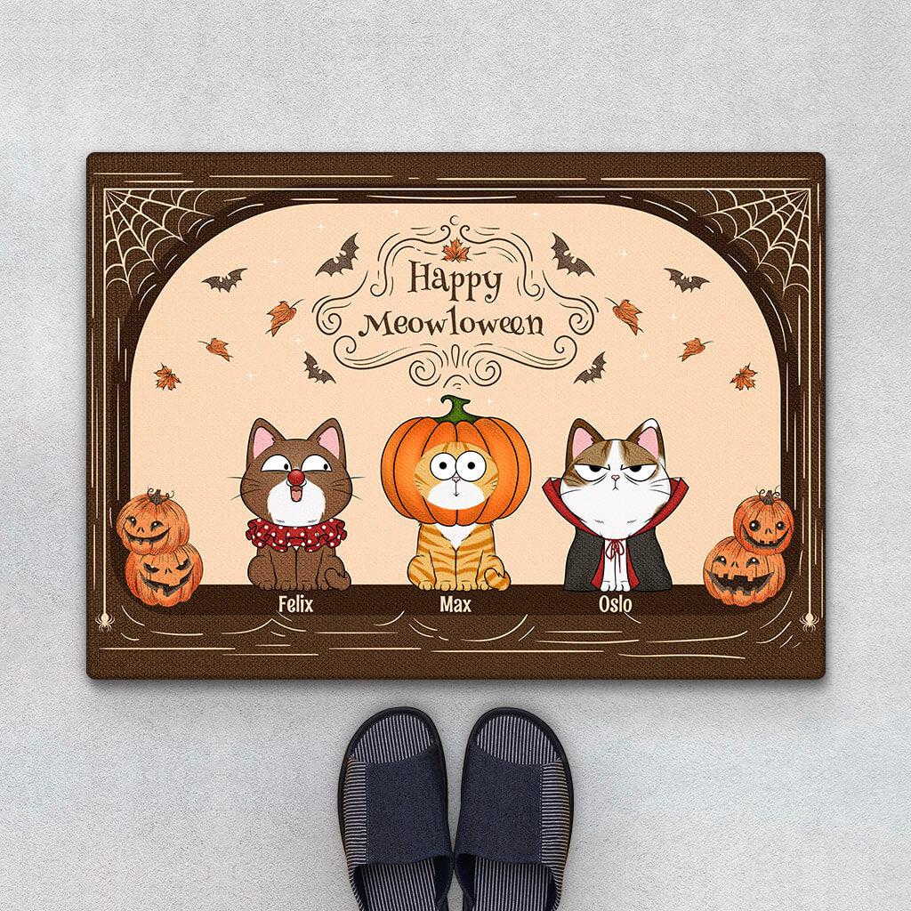 Personalised Happy Meowloween With Pumpkins Doormat