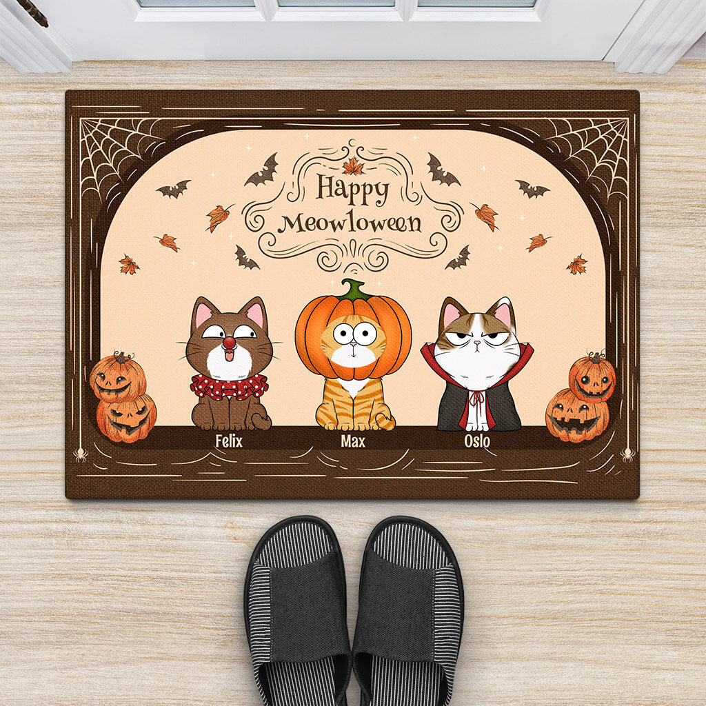 Personalised Happy Meowloween With Pumpkins Doormat