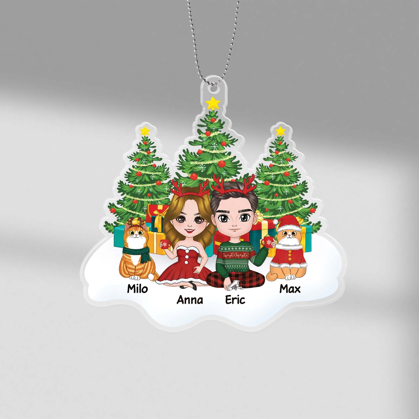 Personalised Couple And Cats On Snow Christmas Tree Ornament
