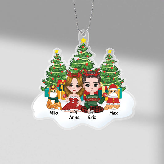 1406OUK1 personalised couple and cats sitting on snow christmas tree ornament