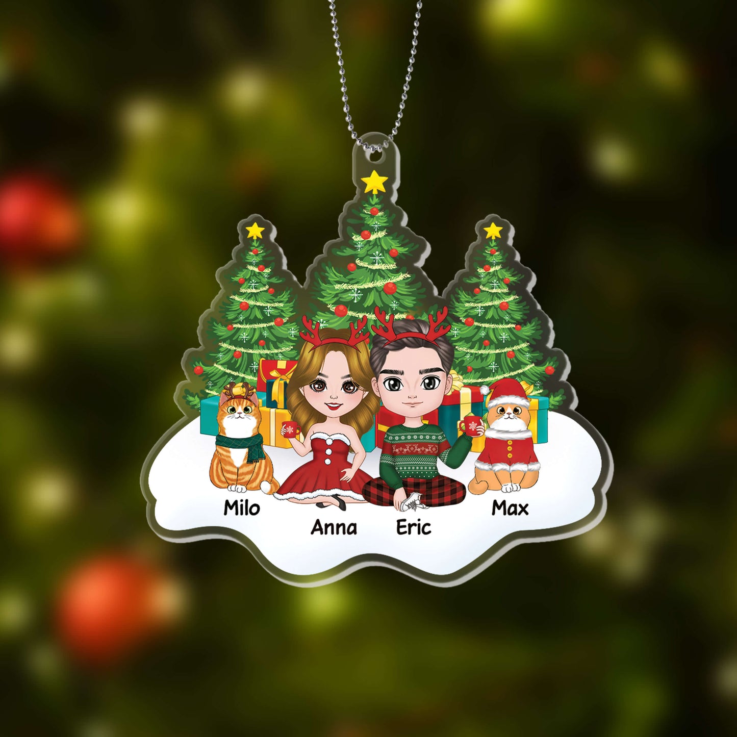 Personalised Couple And Cats On Snow Christmas Tree Ornament