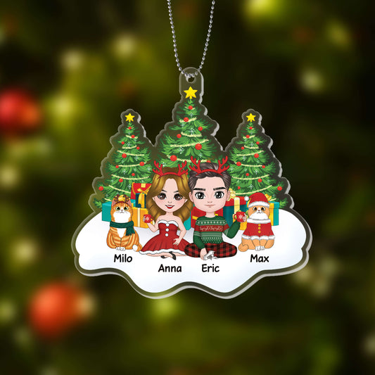 1406OUK2 personalised couple and cats sitting on snow christmas tree ornament