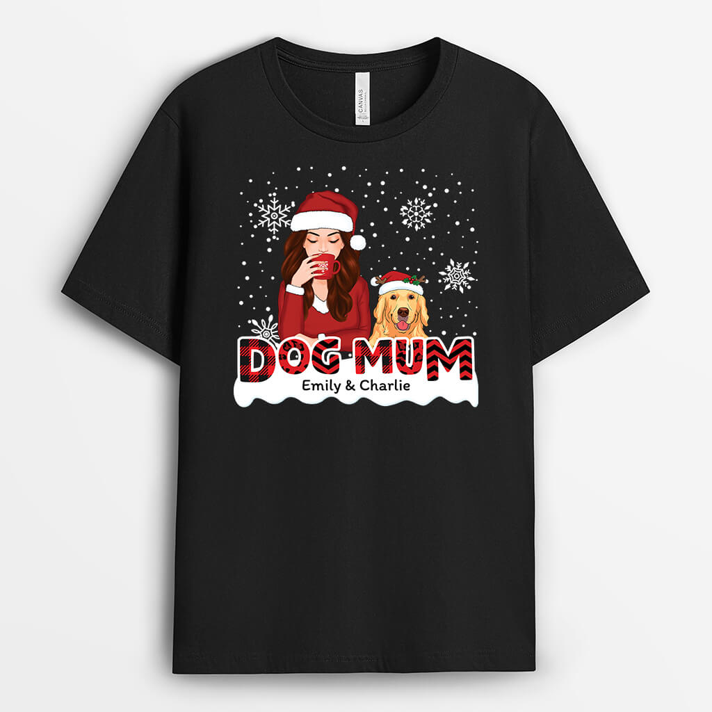 Personalised Dog Mom Red Patterned Xmas T-Shirt