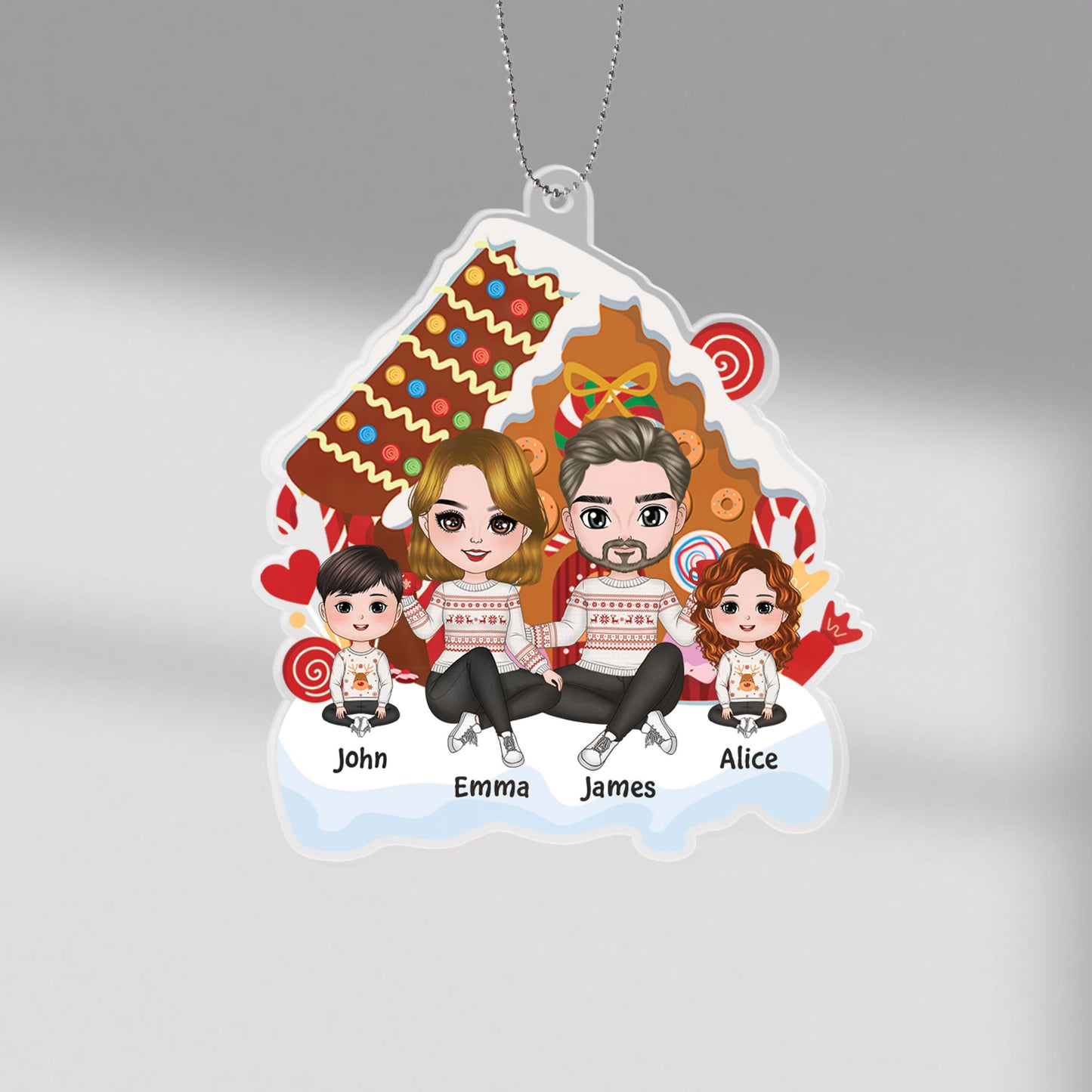 Personalised Cute Family Sitting Christmas Gingerbread House Ornament