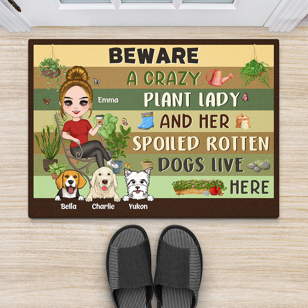 Personalised Beware A Crazy Plant Lady Doormat