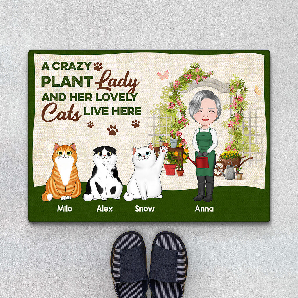 Personalised A Crazy Plant Lady And Her Lovely Cats Live Here Doormat