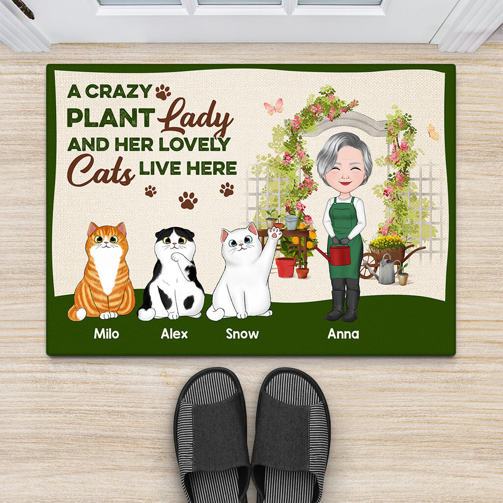 Personalised A Crazy Plant Lady And Her Lovely Cats Live Here Doormat