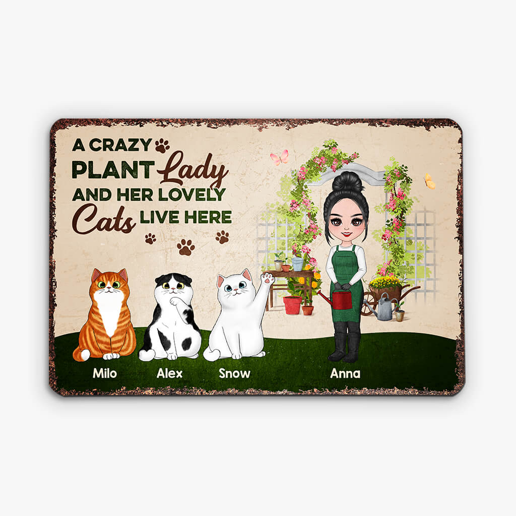 Personalised A Crazy Plant Lady And Her Lovely Cats Live Here Metal Sign