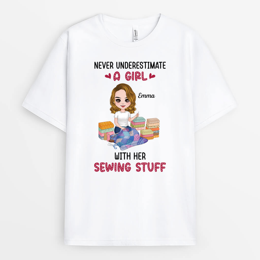 Personalised Never Underestimate A Woman With Her Sewing Stuff T-Shirt