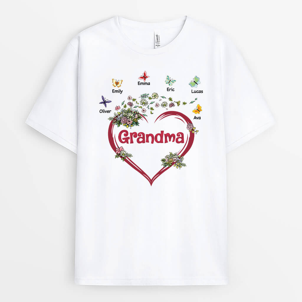 Personalised Grandma Heart With Flowers T-Shirt