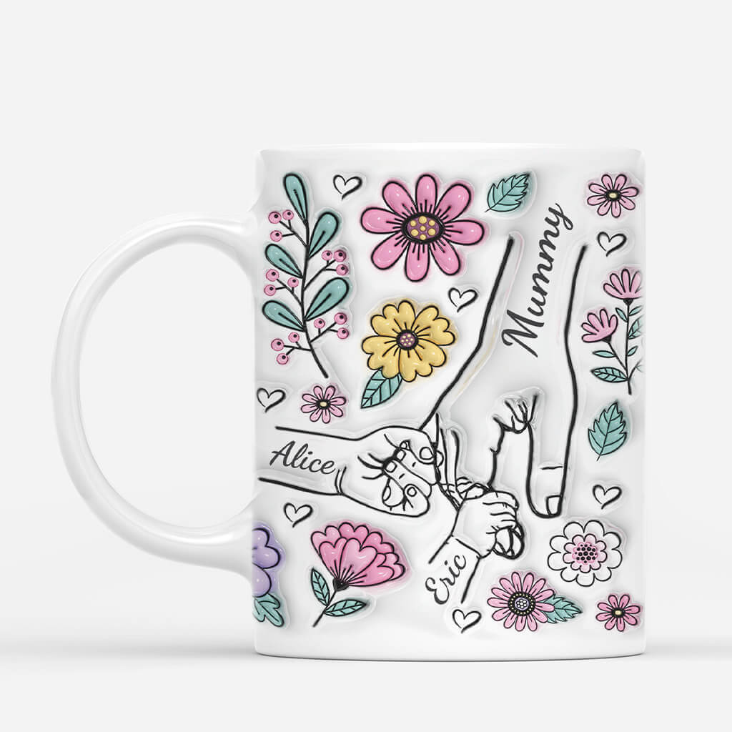 Personalised Mummy and Kids Holding Hands FLowers Mug