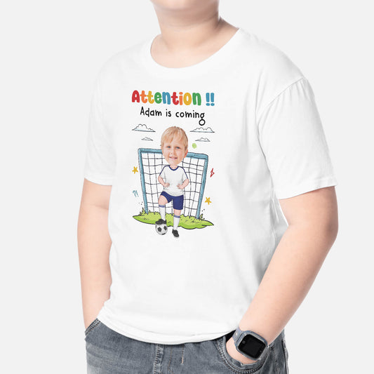 2511AUK1 personalised attention football team adam is coming kid t shirt_14e25563 8fad 4957 8c73 7d8735ffe6fd