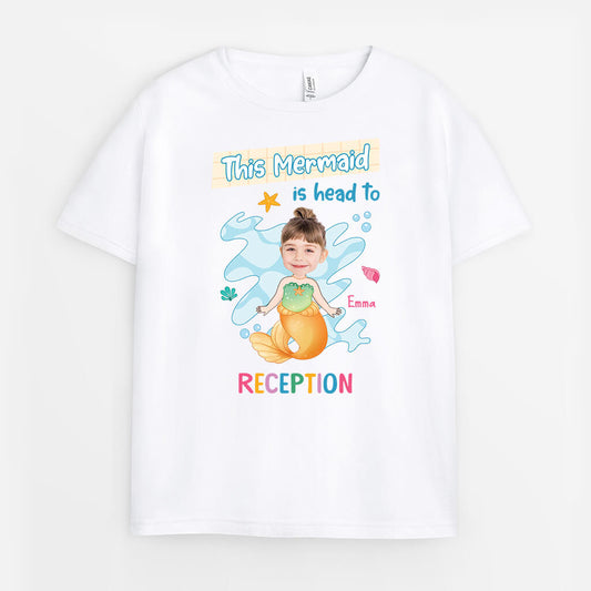 2599AUK2 this mermaid is head to reception  personalised t shirt for kids