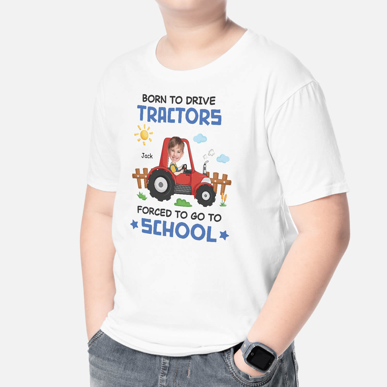 2609AUK2 born to drive tractors forced to go to school  personalised t shirt for kids