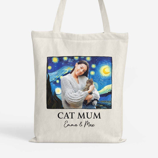 2628BUK1 cat mum with the starry night  custom tote bag for cat lovers