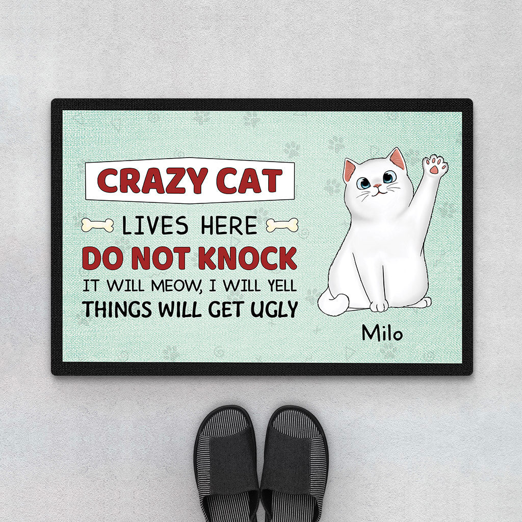 Personalised Crazy Cat Lives Here Doormat