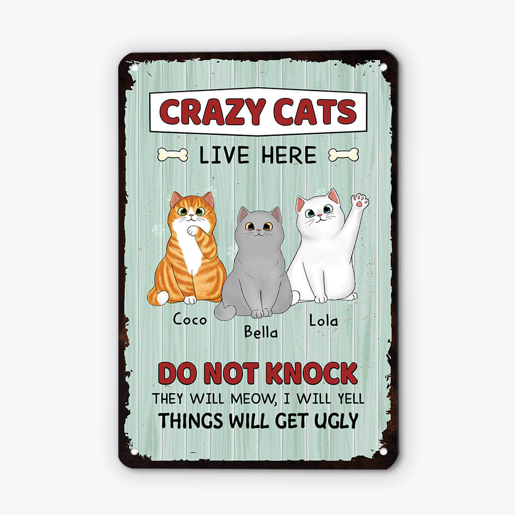 Personalised Crazy Cats Live Here Do Not Knock Metal Sign