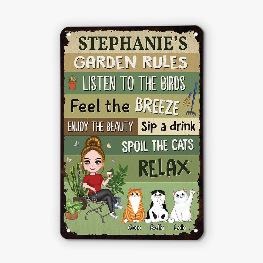 Personalised Female's Garden Rules With Cats Metal Sign