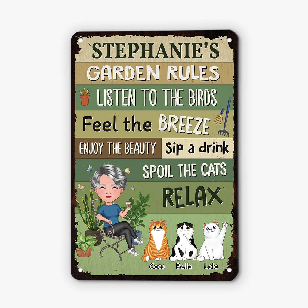 Personalised Female's Garden Rules With Cats Metal Sign