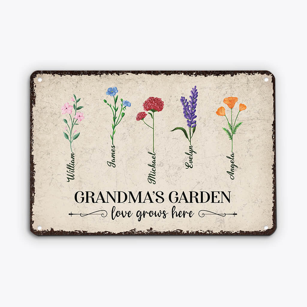 2714EUK1 Personalised Grandmas Garden Love Grows Here Metal Sign