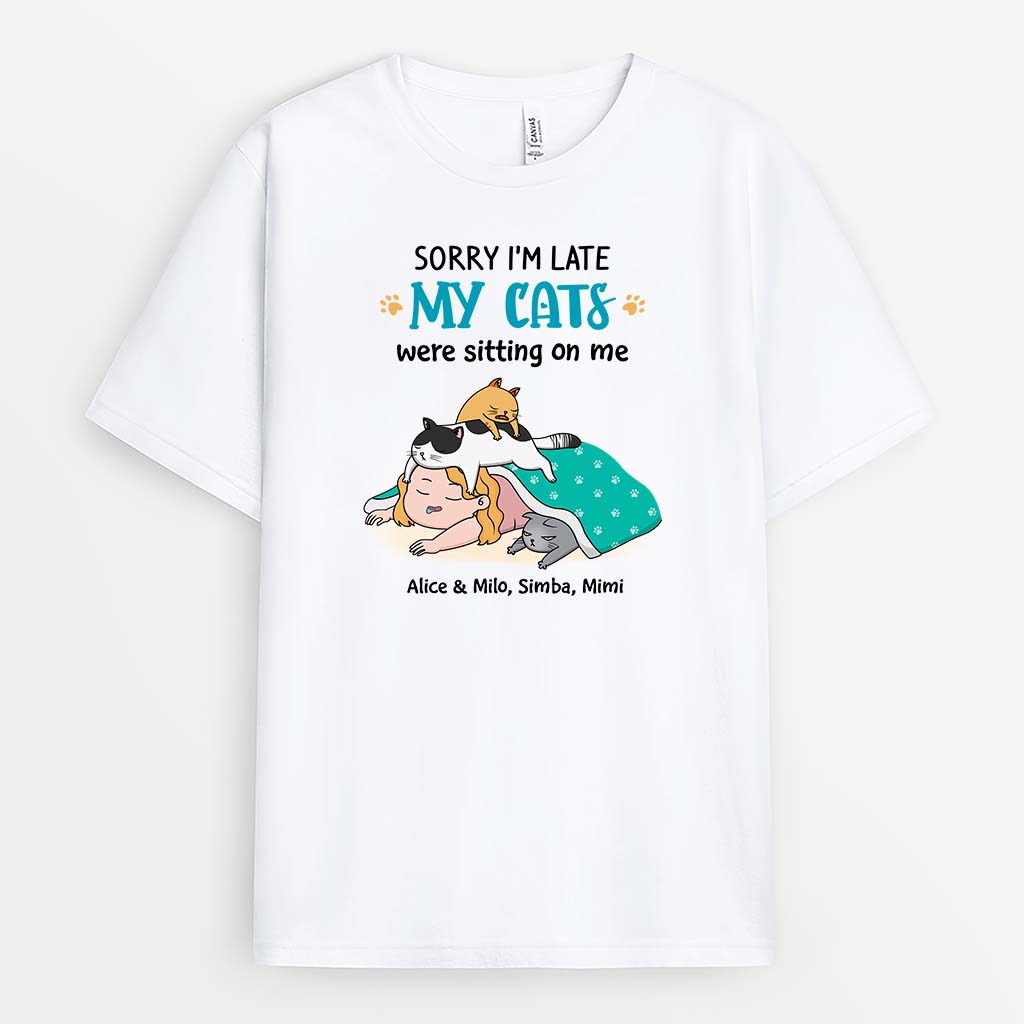 Personalised Sorry I'm Late Girl Sleeping With Cat T-shirt