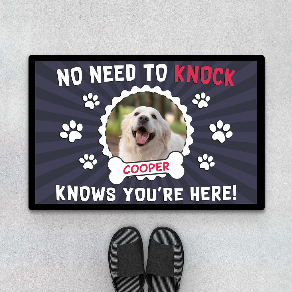 Personalised No Need To Knock, Cooper Knows You're Here Funny Dog Doormat