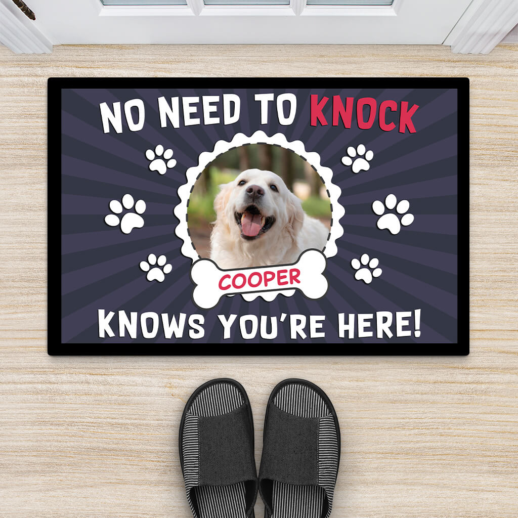 Personalised No Need To Knock, Cooper Knows You're Here Funny Dog Doormat