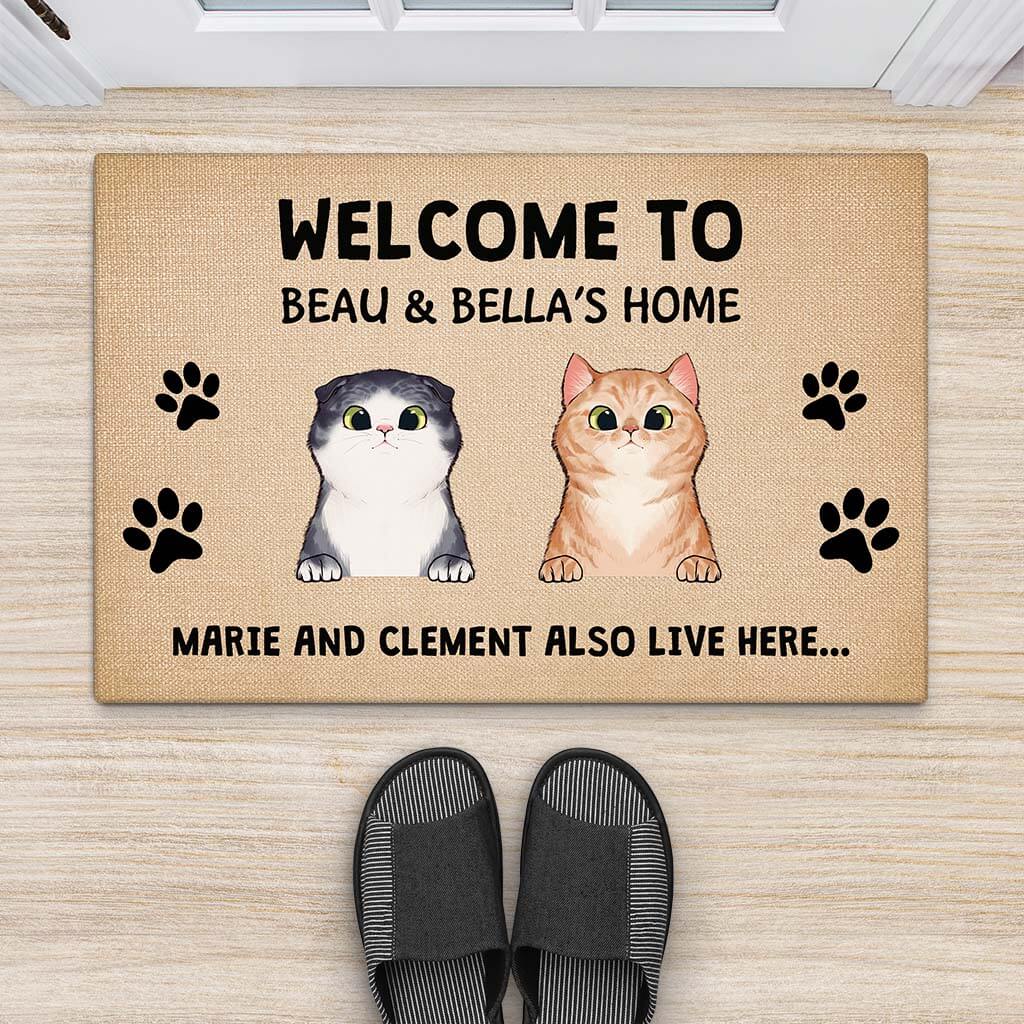 Personalised Welcome to Beau & Bella's Home Doormat For Cat Lovers