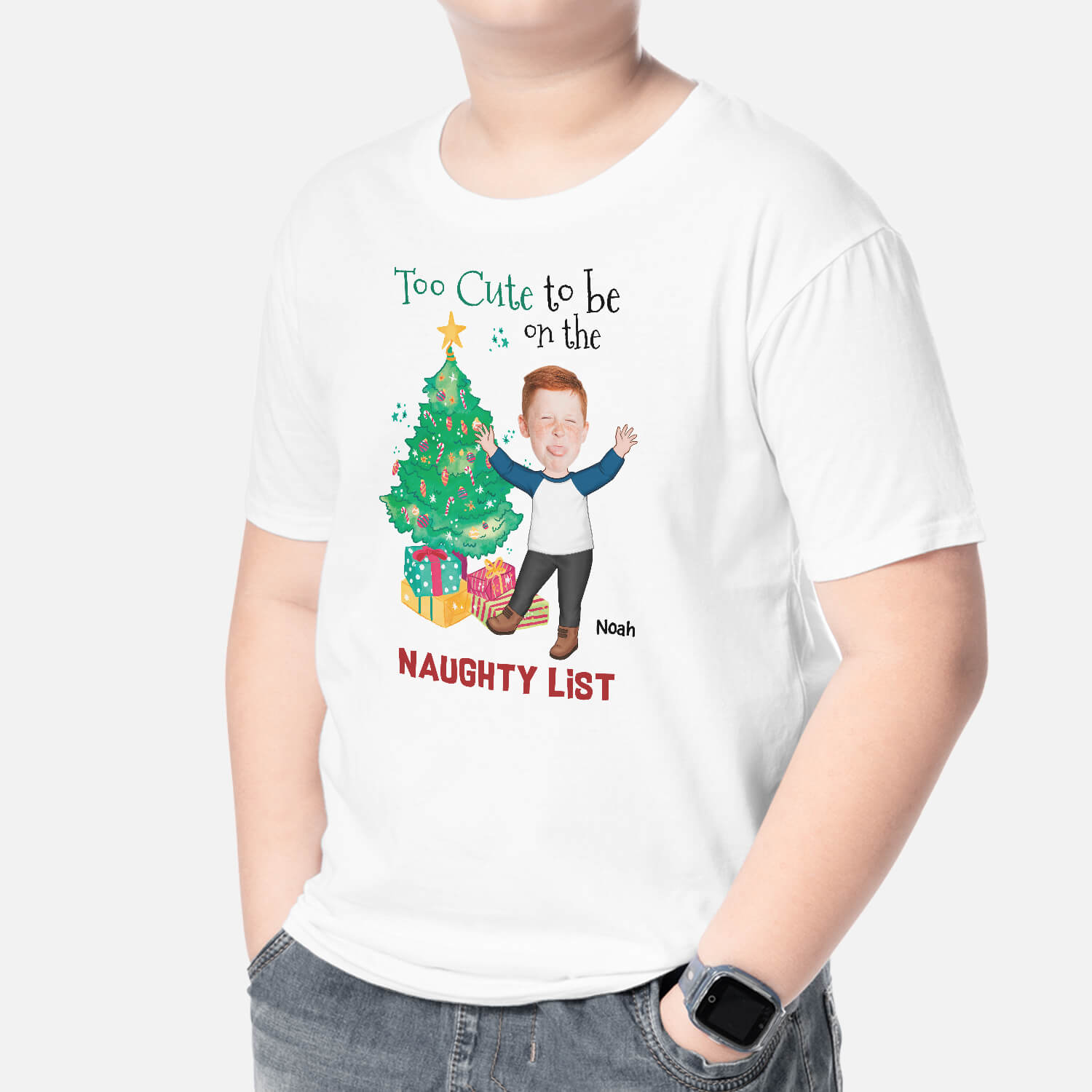 2965AUK2 too cute to be on the naughty list t shirt  personalised christmas gifts for kids