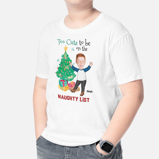 2965AUK2 too cute to be on the naughty list t shirt  personalised christmas gifts for kids