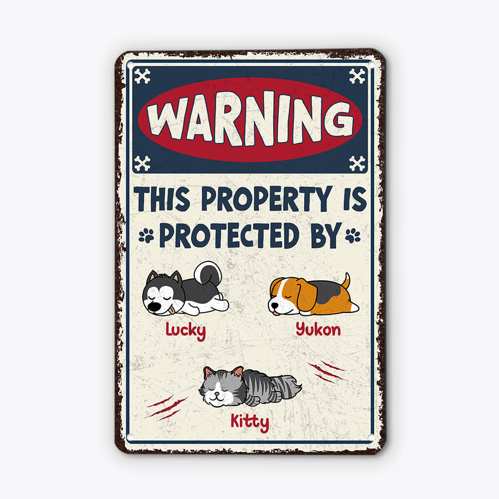 Personalised Warning. This Property Metal Sign For Dog & Cat Lovers