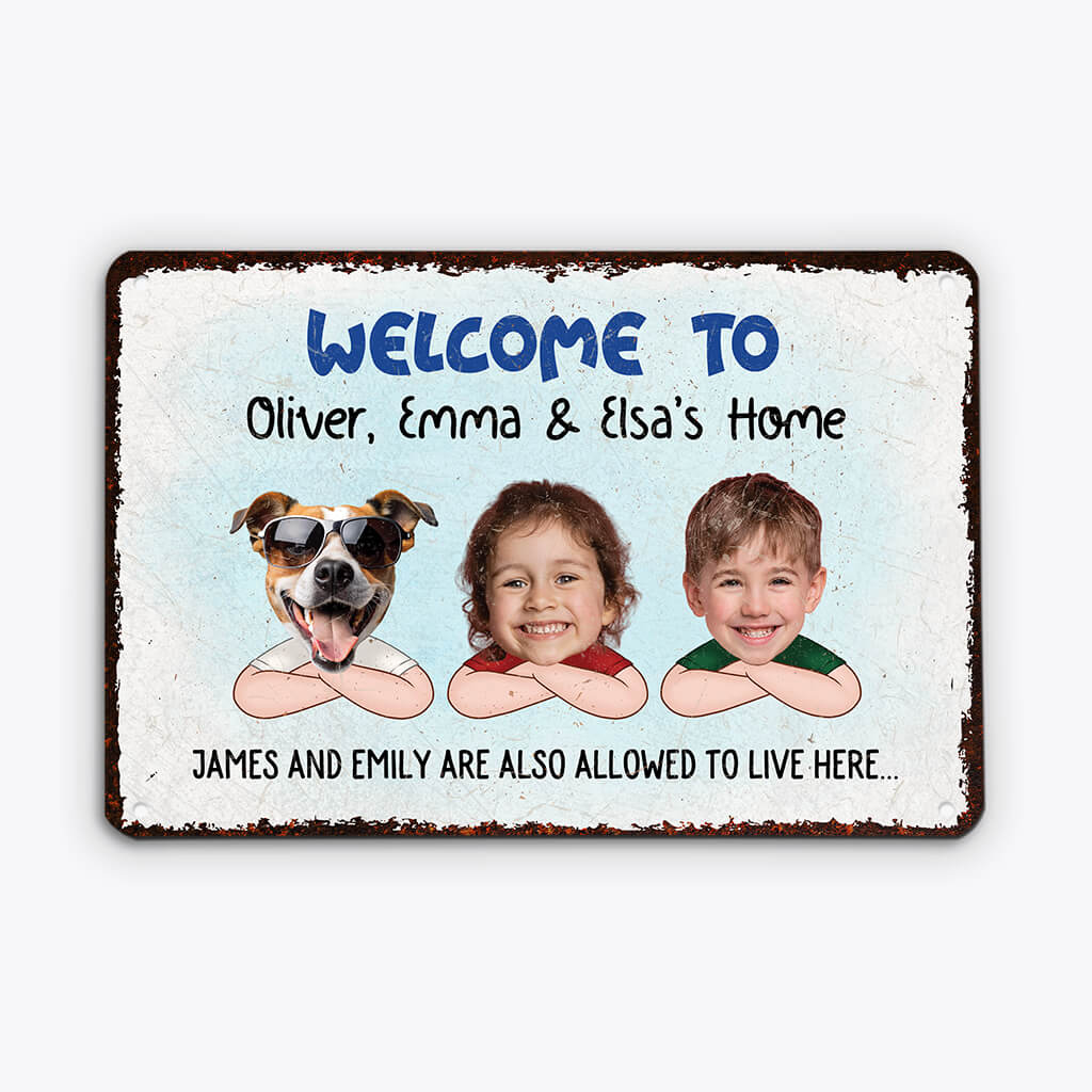 Personalised Welcome To Arthur, Chlóe & Luna Metal Sign For Family