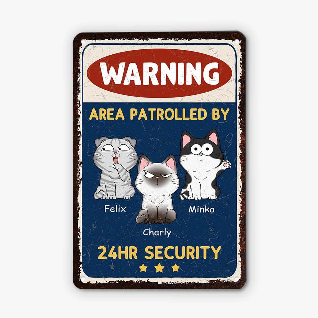 3005EUK2 warning area patrolled by metal sign  personalised gifts for cat owners