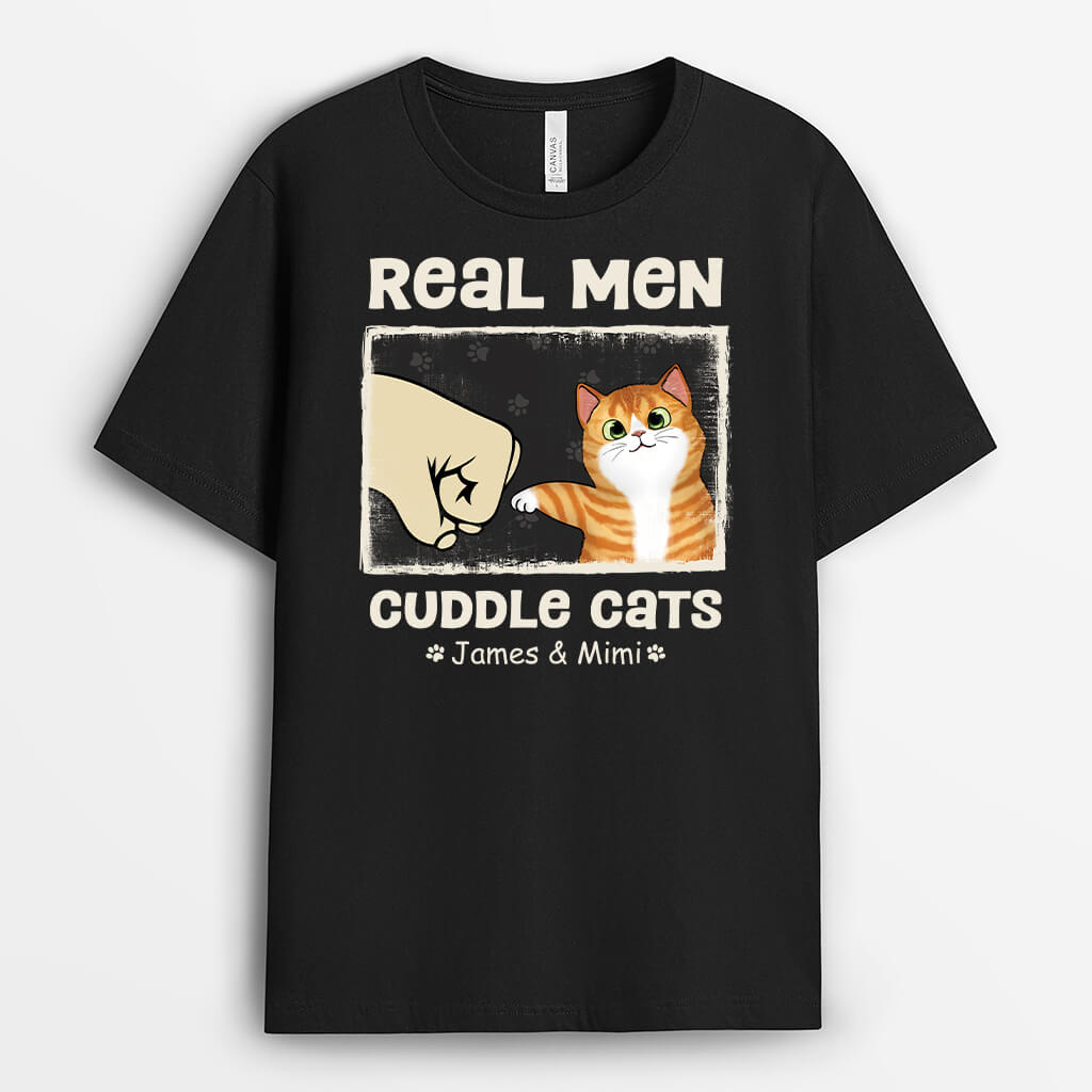 Personalised Real Men Cuddle Cats Funny T-Shirt