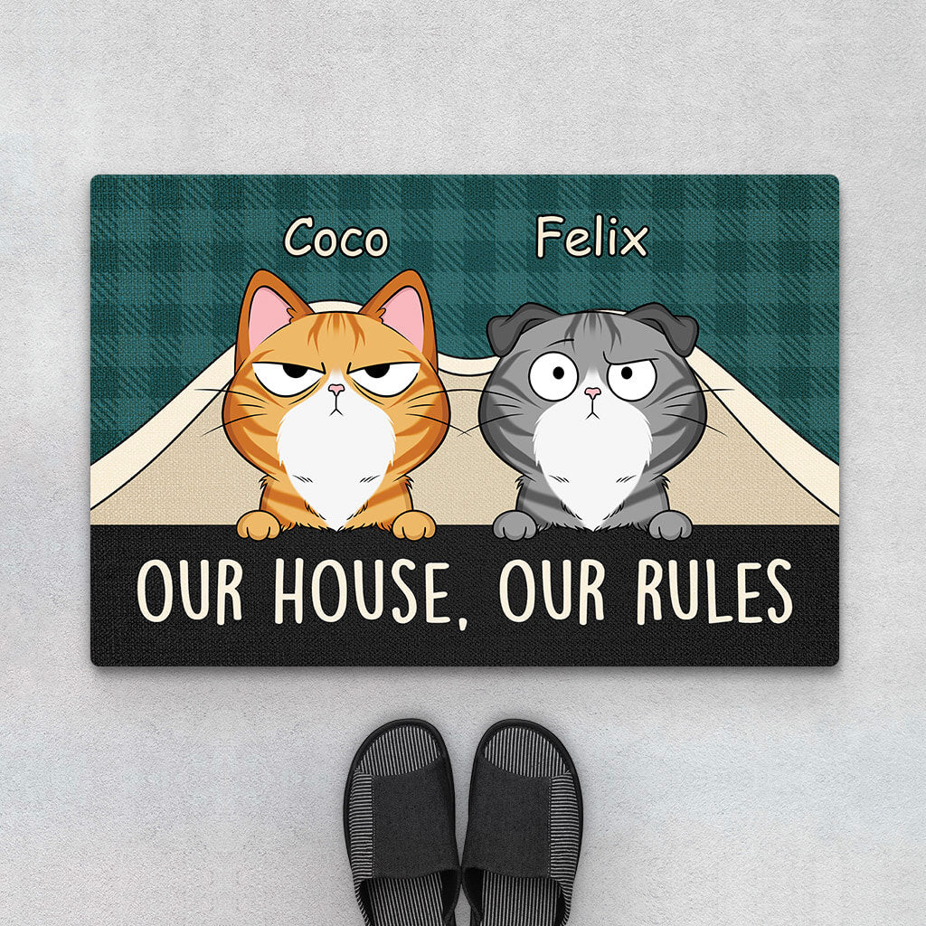 Our House Our Rules, Personalised Doormat For Cat Lovers