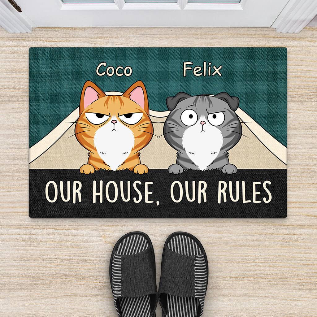 Our House Our Rules, Personalised Doormat For Cat Lovers