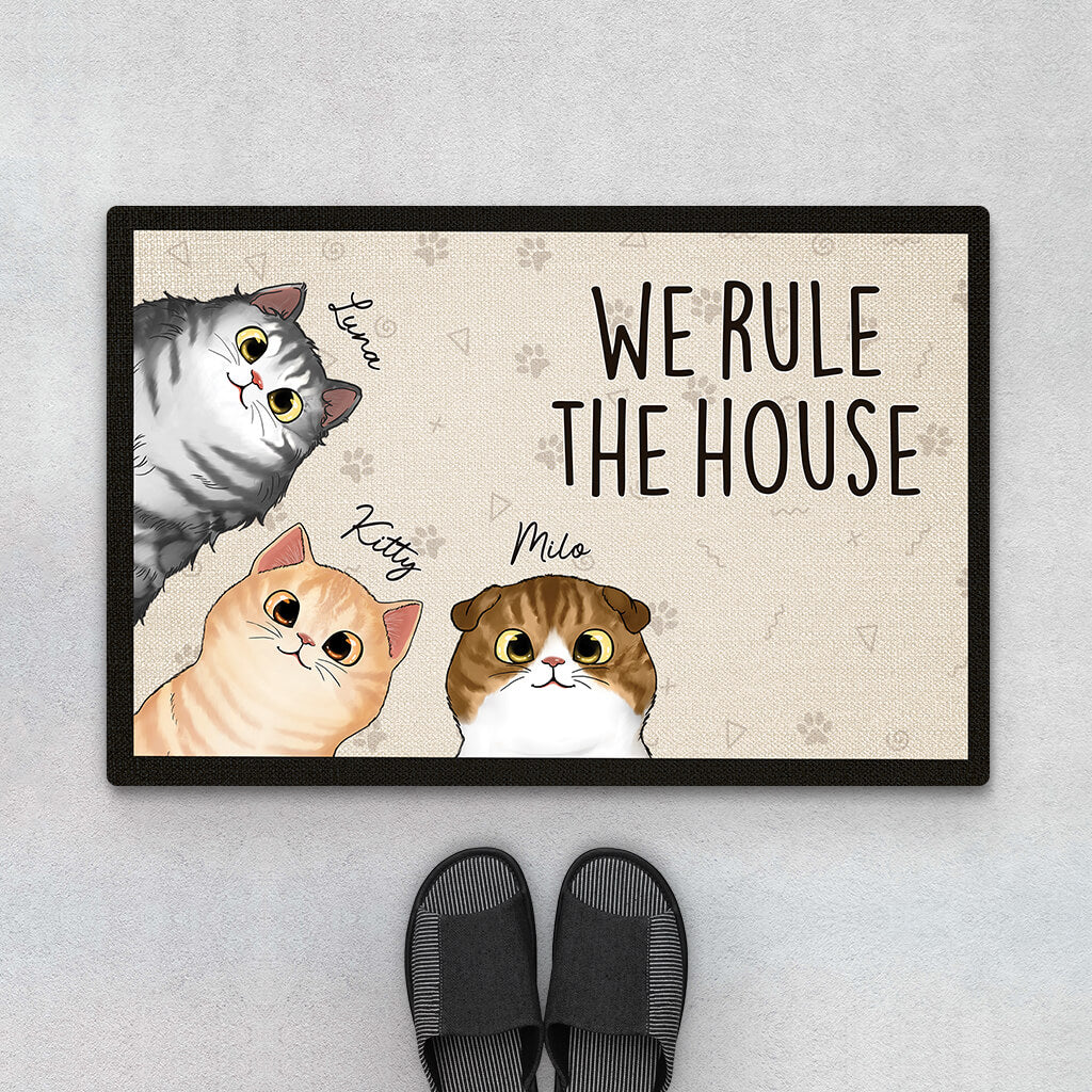 Personalised We Rule The House Doormat For Cat Lovers