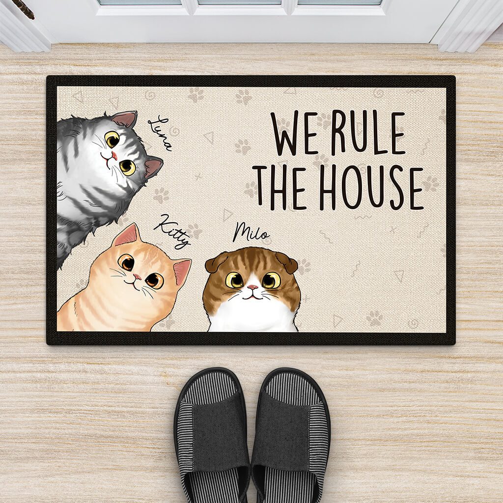 Personalised We Rule The House Doormat For Cat Lovers