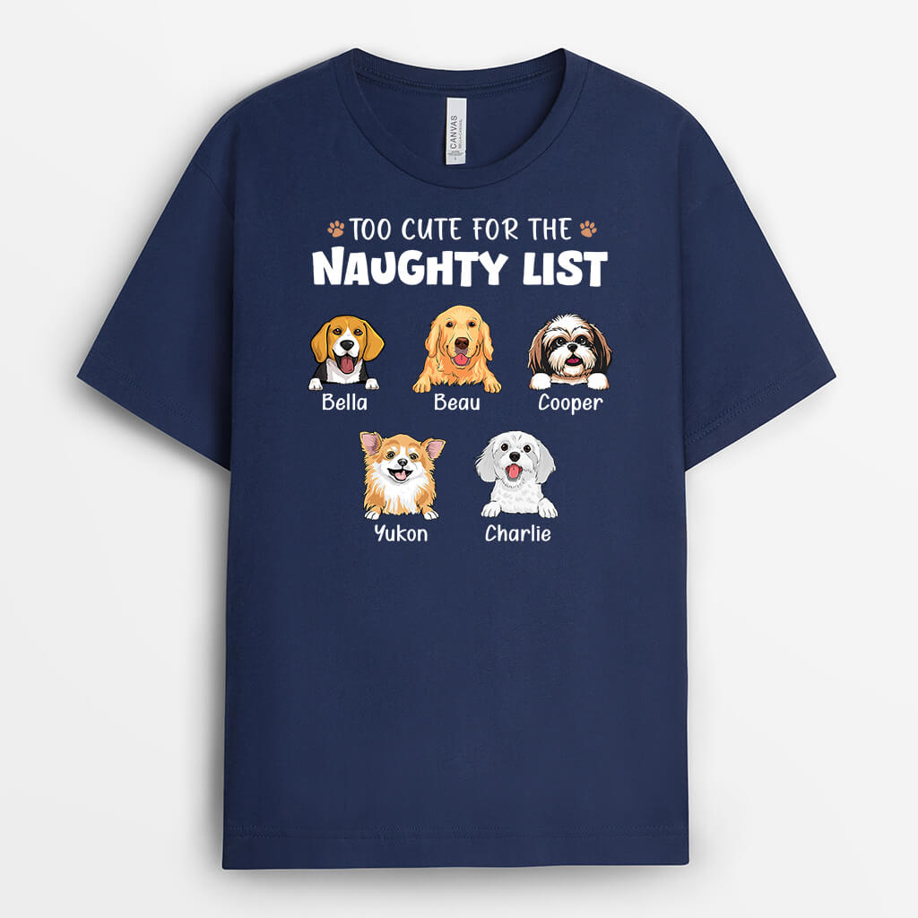 Personalised Too Cute For The Naughty List T-shirt For Dog Lovers