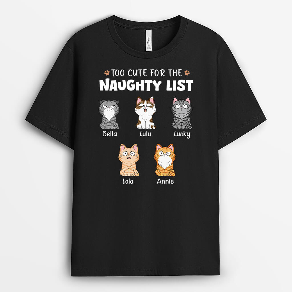 Personalised Too Cute For The Naughty List T-shirt For Cat Lovers