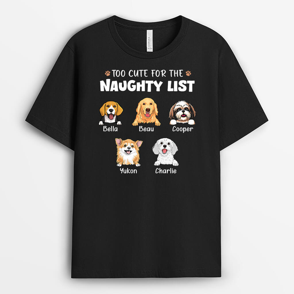 Personalised Too Cute For The Naughty List T-shirt For Dog Lovers