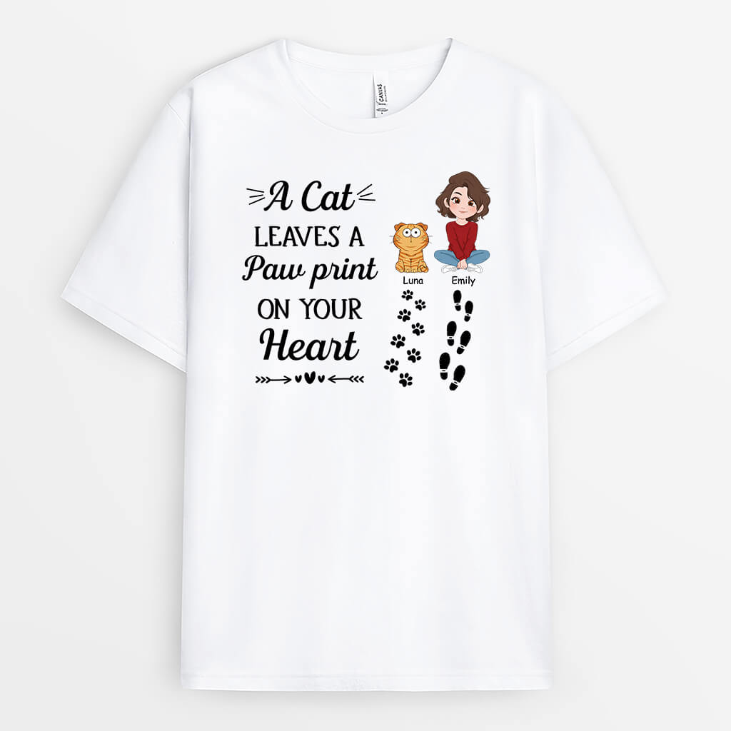 3351AUK1 personalised cats leave paw prints on your heart  personalised t shirt for cat lovers