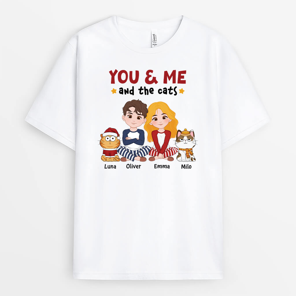 3378AUK1 you me and the cats  personalised christmas t shirt for cat lovers