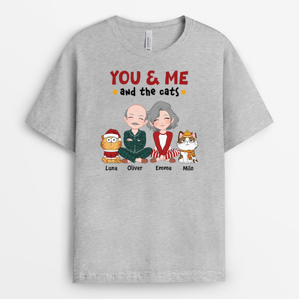 3378AUK2 you me and the cats  personalised christmas t shirt for cat lovers